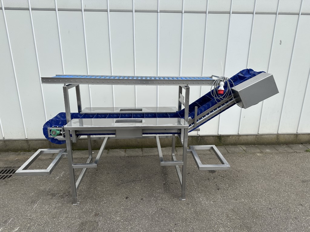 Franz Maschinenbau opvoerband met dubbelzijdige snijtafels